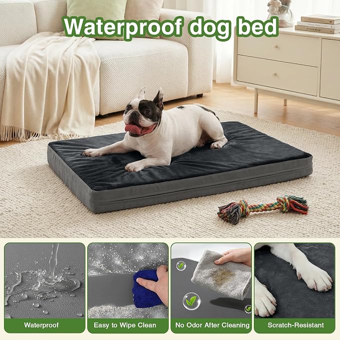 Vonabem Waterproof Small Dog Bed Crate Pad, 24 inch, Outdoor Washable Orthopedic, Anti-Slip Bottom Puppy Cat Bed Kennel Pad 23 * 17 inch, Dark Gray