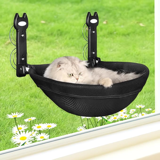 HiPetpy Cat Window Perch, Foldable Cat Hammock with Sunken Design, Breathable Cordless Window Bed with Stud Metal Frame for Large Cats and Kitten (Black Deep Perch, 1 Pack - M)