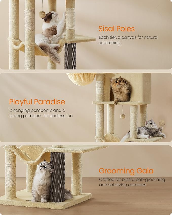Feandrea Cat Tree, 69-Inch Tall Cat Tower, Multi-Level Plush Condo with 2 Caves, 2 Baskets, 5 Scratching Posts, Self-Groomer, Perch, Hammock, Sand Beige UPCT182Y01