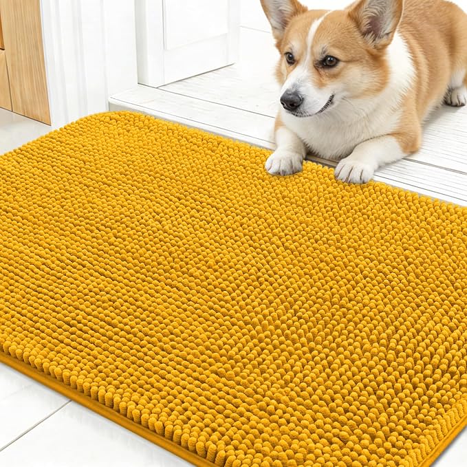 OLANLY Dog Door Mat for Muddy Paws 24x16, Super Absorbent Chenille Mud Mat | Golden Yellow, Absorbs Moisture and Dirt, Non-Slip Machine Washable Doormat, Quick-Dry Indoor Entryway Floor Carpet for Dogs
