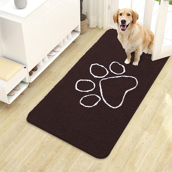 OLANLY Dog Door Mat for Muddy Paws 40x24, Paw Print Design Chenille Mud Mat | Brown, Absorbent, Traps Moisture and Dirt, Non-Slip Washable Doormat, Quick-Drying Indoor Entryway Floor Carpet for Dogs