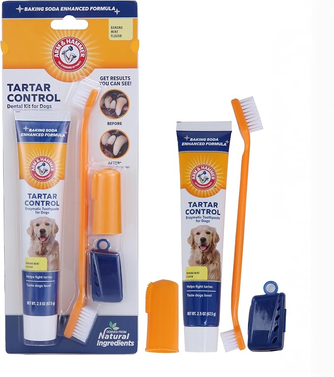 Arm & Hammer for Pets Tartar Control Dog Dental Care Kit, Banana Mint Flavor Toothpaste with Baking Soda, Double-Sided Toothbrush and Finger Brush Included, 2.5 Oz, 3-Piece