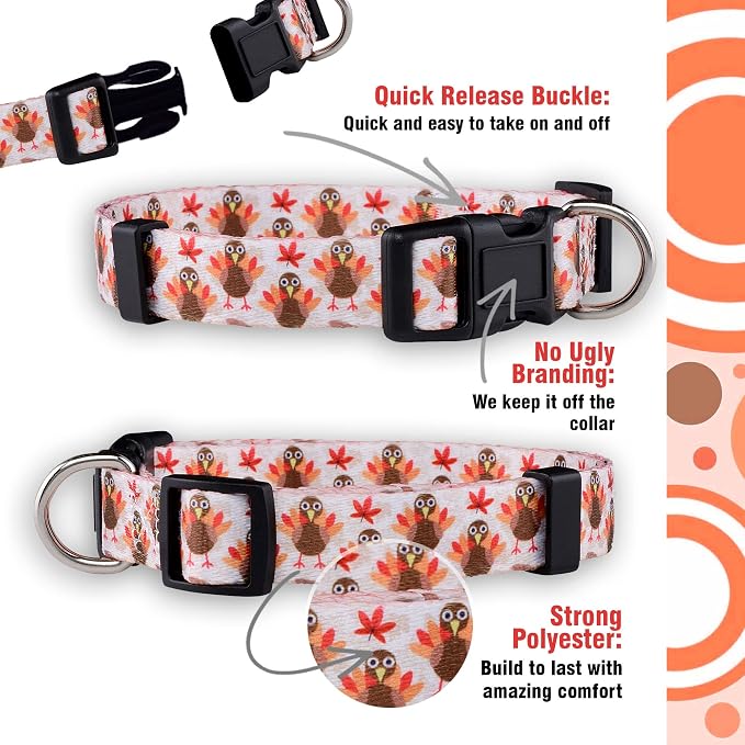 Native Pup Thanksgiving Dog Collar- Fall Collars for Dogs- Autumn Leaf, Turkey, Pumpkin Pie, Holiday Leaves- Girl Boy Puppy- Adjustable for Small, Medium, Large Breeds (Turkey, Medium)