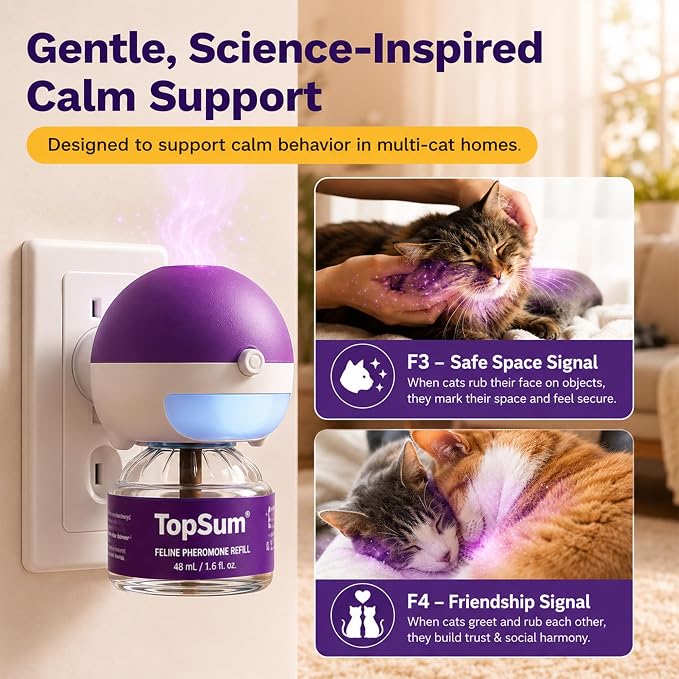 TopSum Cat Calming Pheromone Diffuser: Feline Pheromones Plug in for Stress, Alone At Home, Spraying, Fighting, Scratching, Aggression & Excessive Meowing (Purple, 3 Diffusers+4.8 Fl Oz)