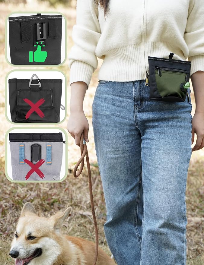 2 Cup Dog Treat Pouch with Training Clicker(Black/Army Green) | 2 Pair Magnetic Closures, Zipper Pocket with Poop Bag Holder, Waist Belt & Metal Clip to Wear for Pet Training/Daily Walking