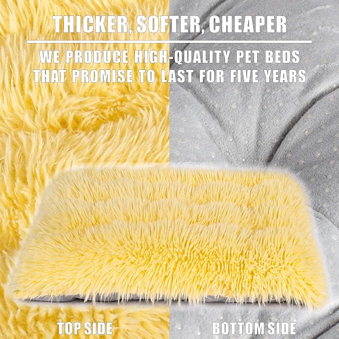 Machine Washable Dog Bed, Deluxe Plush Dog Crate Pad and Cat Bed, Anti-Slip Bottom Kennel Pad Mat, Fuzzy Pet Beds for Large, Medium, Small Dogs Breeds (Light Yellow, 36.0"L x 24.0"W x 3.0"Th x 1 Pack)