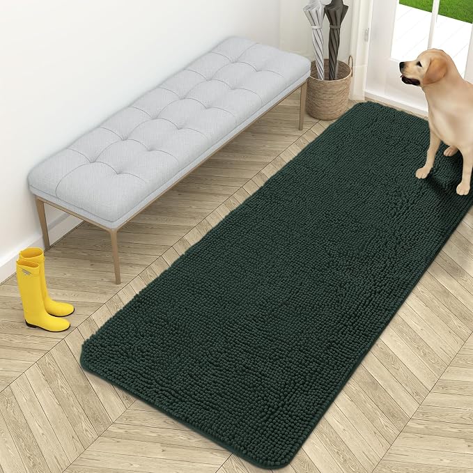 OLANLY Dog Door Mat for Muddy Paws 59x24, Super Absorbent Chenille Mud Mat | Blackish Green, Absorbs Moisture and Dirt, Non-Slip Machine Washable Doormat, Quick-Dry Indoor Entryway Floor Carpet for Dogs