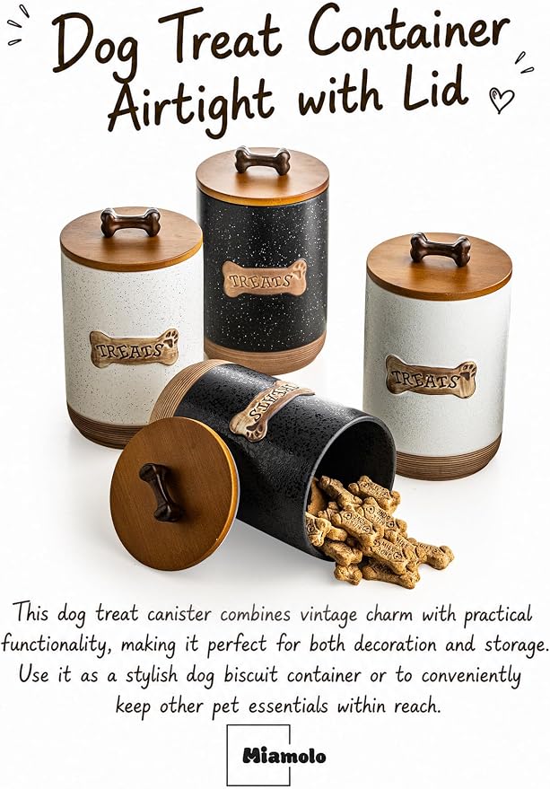 Miamolo Dog Treat Container Airtight Ceramic Dog Treat Jar with Wooden Lid, 8 Cups Dog Food Storage Container for Countertop, Decorative Dog Cookie Jar Canister with Handle - Bone Dotted Black