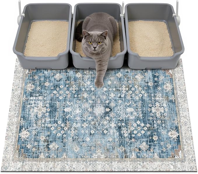 Cat Litter Mat Litter Trapping Mat, 40"x30" Waterproof Urine Proof Litter Box Mat Catcher Mat Non-Slip Washable for Kitty Kitten, Blue