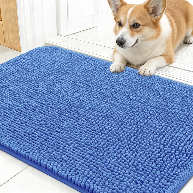 OLANLY Dog Door Mat for Muddy Paws 30x17, Super Absorbent Chenille Mud Mat | Cornflower Blue, Absorbs Moisture and Dirt, Non-Slip Machine Washable Doormat, Quick-Drying Indoor Entryway Carpet for Dogs