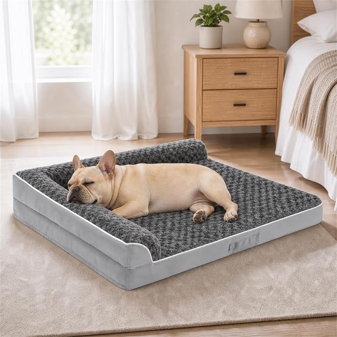 Dog Bed Large Sized Dogs, Orthopedic Dog Bed for Large Dogs, Waterproof Pet Bed with Washable Removable Cover, L-Shaped Pet Couch with Portable Handle 36"x27"x6.5", Grey