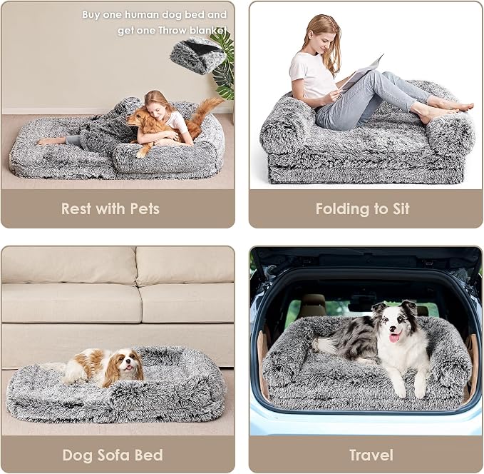 EHEYCIGA Foldable Human Dog Bed, 72"x44"x11" Orthopedic Memory Foam Human Sized Dog Bed, Waterproof Pet Bed for People, Faux Fur Pet Couch for Adult with Non-Slip Bottom, Faded Black