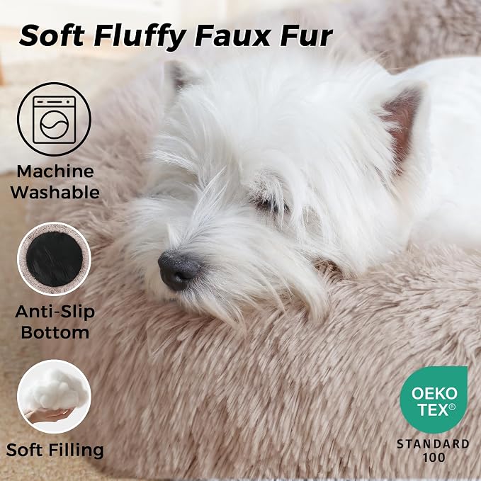 Calming Round Dog Bed & Cat Bed for Indoor Cats, Medium Size Washable Anti-Slip Anti-Anxiety Donut Dog Beds for Small Dogs & Cats, Fluffy Plush Soft Dog Bed(20 Inch, Light Brown)