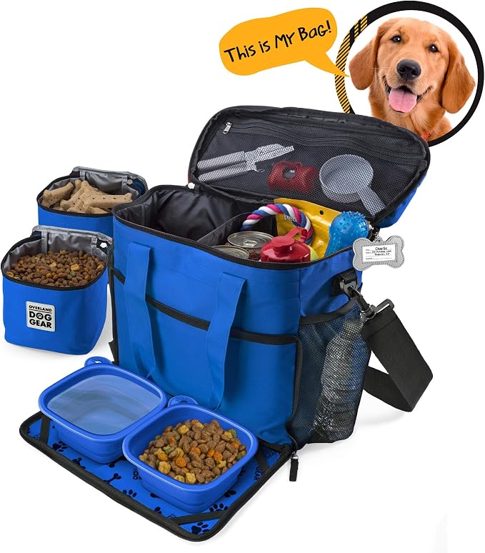 Mobile Dog Gear Week Away Airline Approved Dog Travel Bag (15"x7"x14", Blue) - Includes 2 Pet Food Storage Containers + 2 Collapsible Dog Water Bowls