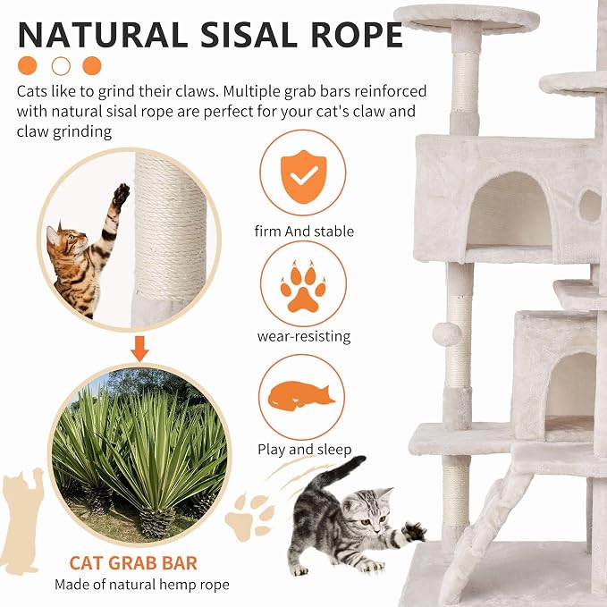 Cat Tree for Indoor Cats, Multi-Level Cat Tower with Scratching Posts & Cozy Condo, Space Saving Cat Activity Center, Durable Pet Play House (54in,Beige)