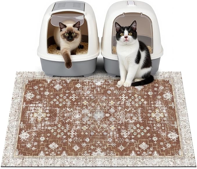 Cat Litter Mat Litter Trapping Mat, 33"x22" Waterproof Urine Proof Litter Box Mat Catcher Mat Non-Slip Washable for Kitty Kitten, Brown