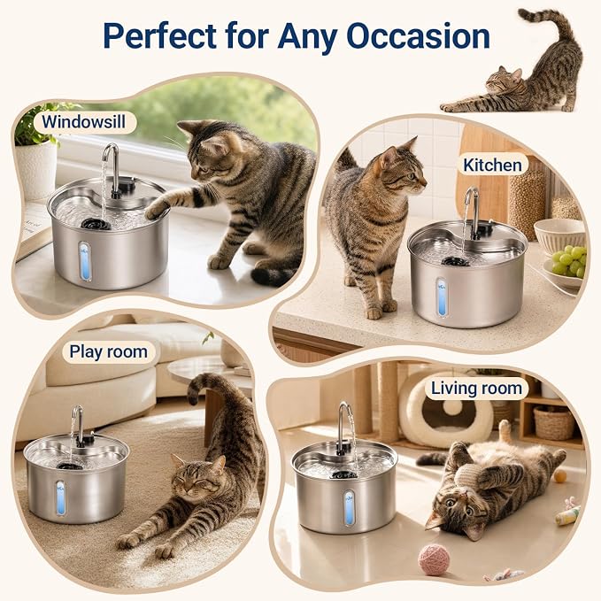 Cat Water Fountain, 118oz/3.5L Stainless Steel Cat Fountain with Ultra-Quiet Pump, LED Water Level Window, Automatic Cat Water Dispenser, 6-Layer Filtration Includes 2 Replacement Filters