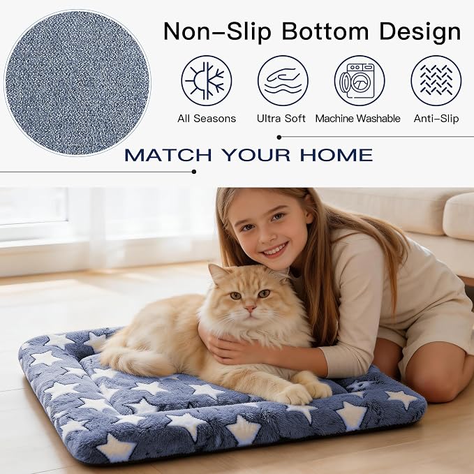 Dog Bed Mat for Crate, Soft Kennel Pad, Durable Comfort Mat for Dogs and Cats, Home and Crate Use (NavyBlue&Star, 18"*14"*1.5")