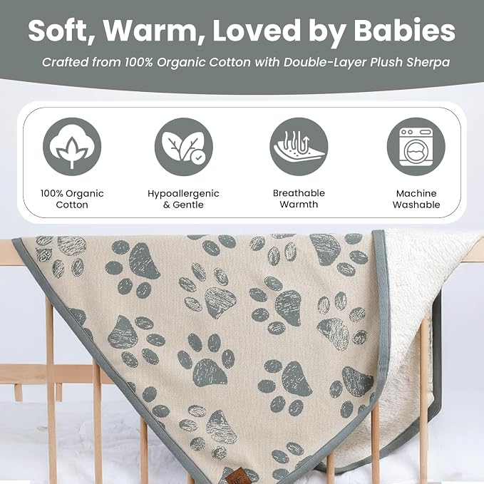 Baby & Pet Blanket 100% Cotton with Sherpa Fleece – Soft Stroller & Cuddle Blanket for Baby, Dog & Cat – Breathable, Hypoallergenic, Washable – 76×96 cm All-Season Blanket Reed Green Beige