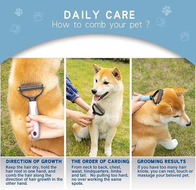 GOESWELL Pet Deshedding Brush - Undercoat Rake for Dogs & Cats - Double Sided Brush for Shedding and Dematting Comb for Dogs Grooming Tool kit - (Blue(Rake +Comb))