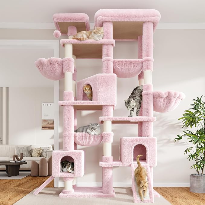 Sha Cerlin 87 in Multi-Level Tall Cat Tree Tower for Large Cats/Extra Wide Feline Activity Center/Sisal Scratching Posts/Wide Base/Cozy Plush Perches/Baskets/Hammocks/Toy Balls/Pink