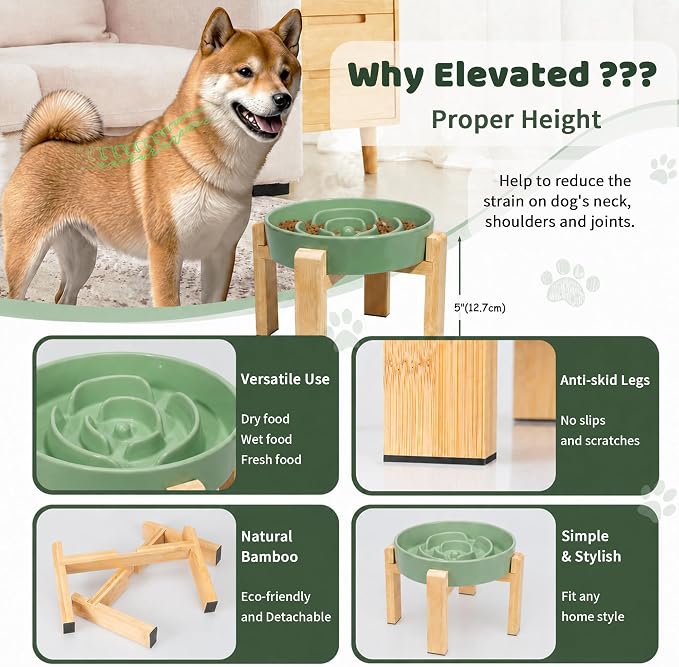 Elevated Slow Feeder Dog Bowl Large Breed, 8.8 Inch Ceramic Slow Eating Bowl with Bamboo Stand, Anti-Choking Raised Maze Design for Medium to Large Dogs, 3.2 Cup, Green