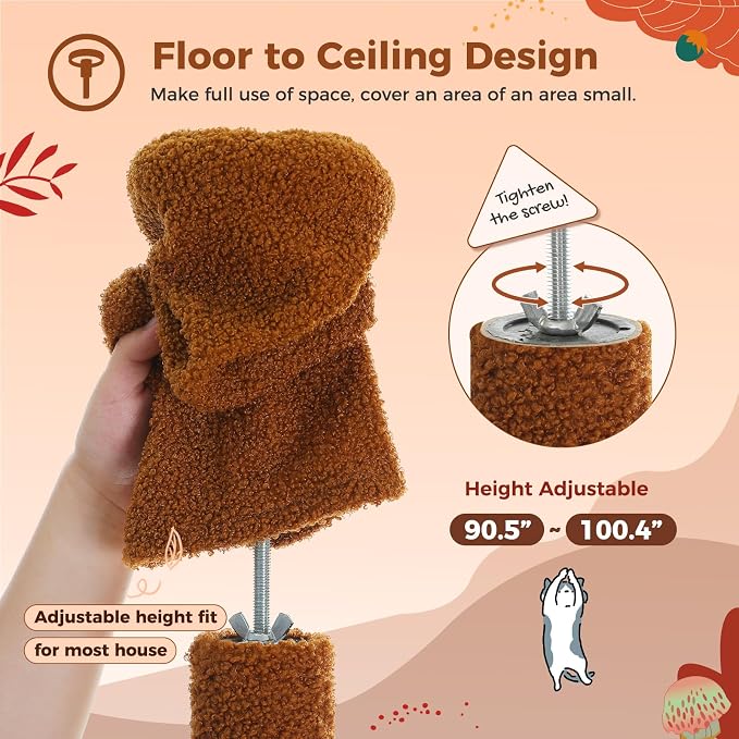 PEQULTI Floor to Ceiling Cat Tree Tower, Height Adjustable 230-252cm, Brown | Mushroom climbing pole for large cats with cat condo, hammock & sisal scratching posts; measure ceiling, fits 230-252cm
