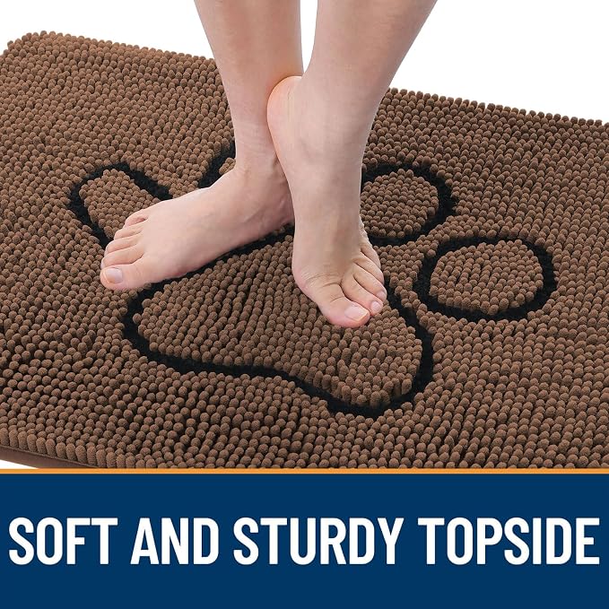 OLANLY Dog Door Mat for Muddy Paws 36x24, Paw Print Design Chenille Mud Mat | Mocha, Absorbent, Traps Moisture and Dirt, Non-Slip Washable Doormat, Quick-Drying Indoor Entryway Floor Carpet for Dogs