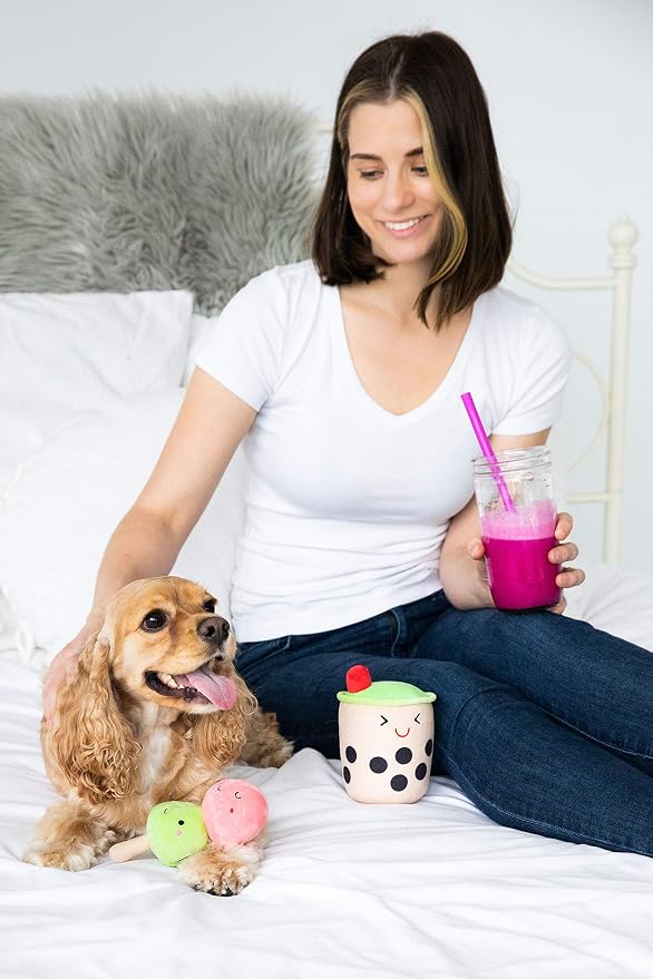 Pearhead Boba Tea and Mochi Plush Dog Toys, Novelty Fun Pet Toy Set, Durable Stuffed Toy for Interactive Play, Bubble Tea Themed Pet Supplies, Set of 3 Toys