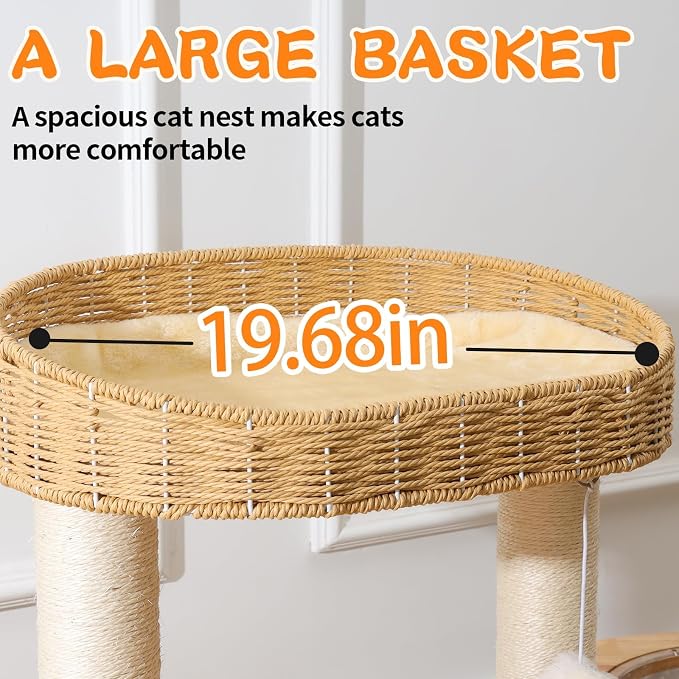 SHODMI 51-Inch Woven Cat Tree Tower for Large Cats with Clear Capsule Bed | 8 cm thick sisal scratching posts, plush & cooling mats, 3 hand-woven basket beds, sturdy multilevel spaces to climb and rest