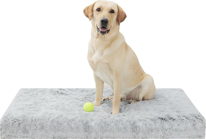 Orthopedic Long Plush Cover Dog Bed,Small M Sized Dog 30''X20''x3'' Soft Waterproof Egg Foam Pet Crate Beds Mat or Kennel Pads with Removable Washable Cover,Non-Slip Bottom,Light Grey