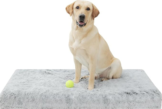 Orthopedic Long Plush Cover Dog Bed,Small M Sized Dog 30''X20''x3'' Soft Waterproof Egg Foam Pet Crate Beds Mat or Kennel Pads with Removable Washable Cover,Non-Slip Bottom,Light Grey