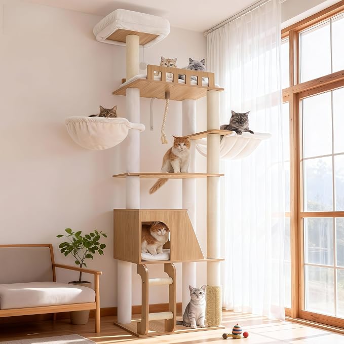 Hey-brother Wooden Cat Tree, Furniture Tower with Large Platforms, MPJ121BT | 69.7 inch, Modern Full Sisal Scratching Posts, Hammocks, Spacious Condo, Ladder, Brush, Water Proof Surface, White Oak