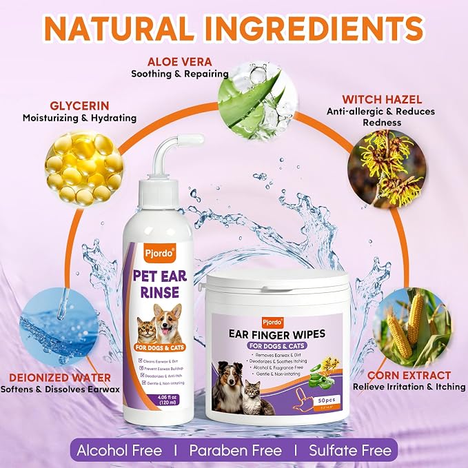 Pjordo Pet Ear Cleaner for Dog & Cat, Natural Formula - Aloe & Witch Hazel | Pet Ear Wash for Soothing Ear Itching & Deodorize, Ear Finger Wipes for Removing Ear Wax & Dirt, Suitable for Ear Daily Care