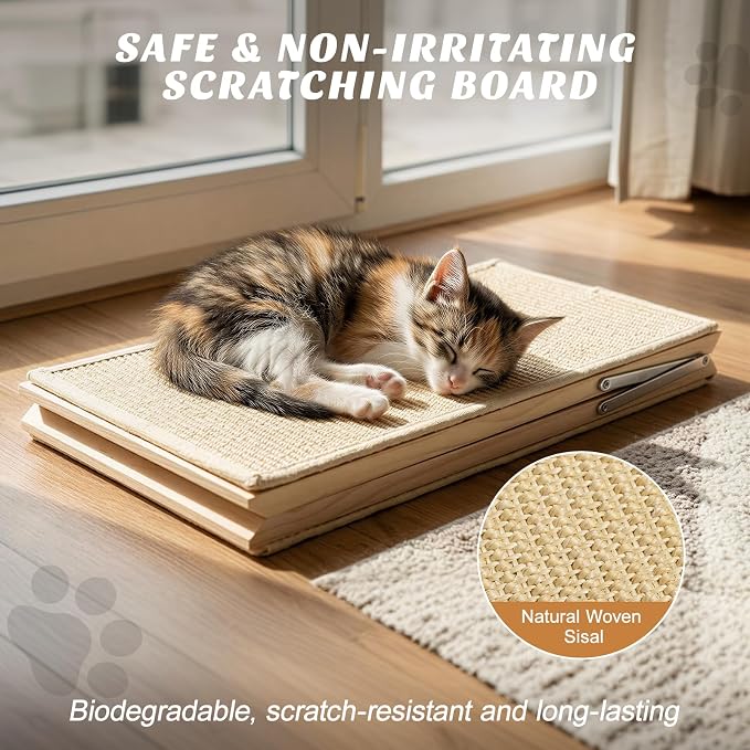 Cat Scratcher, Cat Sisal Scratching Ramp, Foldable Wooden Scratching Board with 2 Spring Plush Toys, Triangle Kitten Ramp Protect Furniture, Solid Non-Slip Scratch Pad for Indoor Multiple Pets