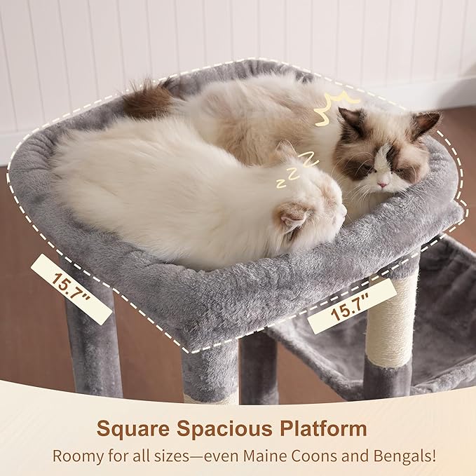 Heybly Heavy Duty Cat Tree with Large Base for Large Indoor Cats HCT026W | Cat Tower with Scratching Posts, Tall Cat Condo House , Multi-Level Plush Furniture with Hammock & Toy Balls, Light Gray