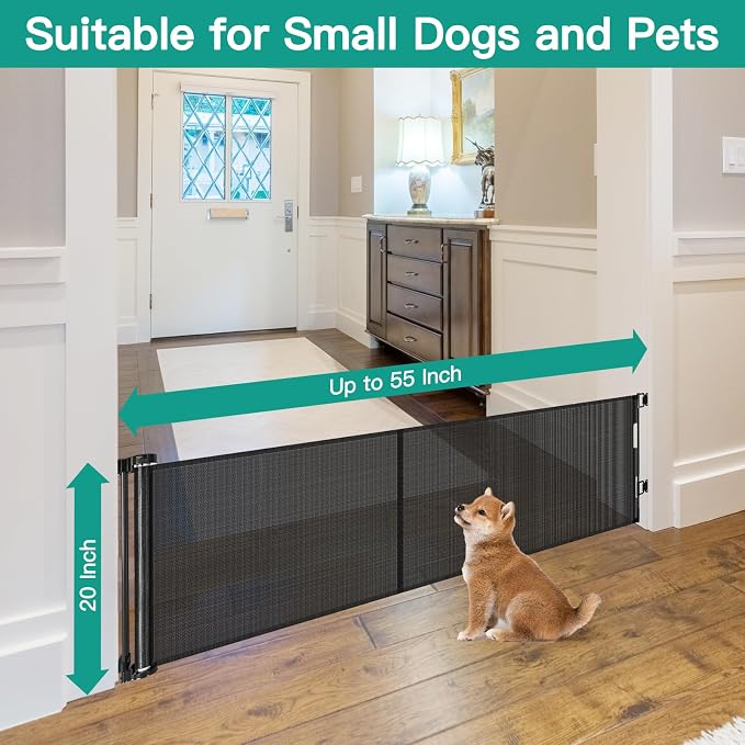 20 Inches Tall Retractable Short Dog Gates for Doorways, Short Pet Gate to Step Over, Extends up to 55" Wide, Step Over Puppy Gates for Stairs Mesh Doggy Gates Small Dog Gate Indoor Outdoor (Black)