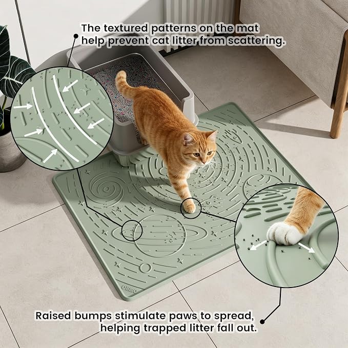 OHMO Large Cat Litter Mat 31.5x23.6" High Raised Edge Silicone, Sage Green | BPA-Free Thickened Rubber, Flexible, Non-Slip Kitty Trapping Mat for Litter Box, Waterproof, Anti Scatter, Easy Clean