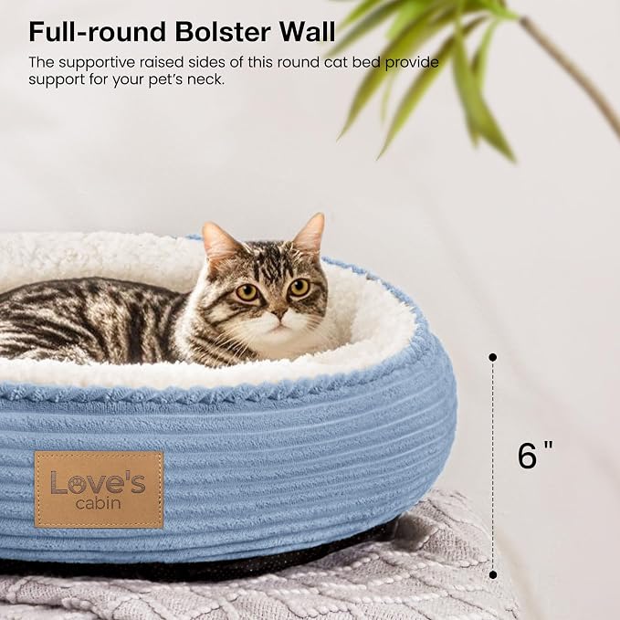 Love's cabin Round Donut Cat and Dog Cushion Bed, 20in Pet Bed for Cats or Small Dogs, Anti-Slip & Water-Resistant Bottom, Super Soft Durable Fabric Pet beds, Washable Luxury Bed Sky Blue Stripe