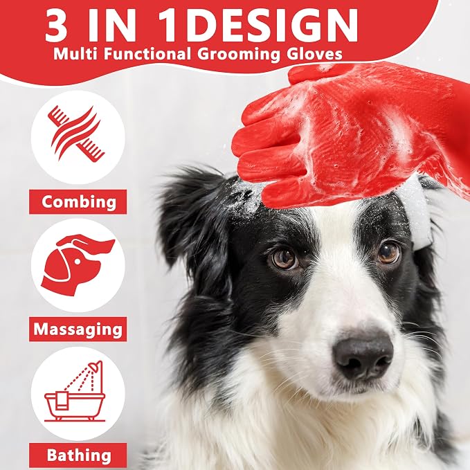 Pet Grooming Gloves—Dog Washing Gloves with High-Density Teeth, Dog Bath Scrubber with Enhanced Five Finger Design, Silicone Gloves for Dogs and Cats Bathing, Massage (Bright Red)