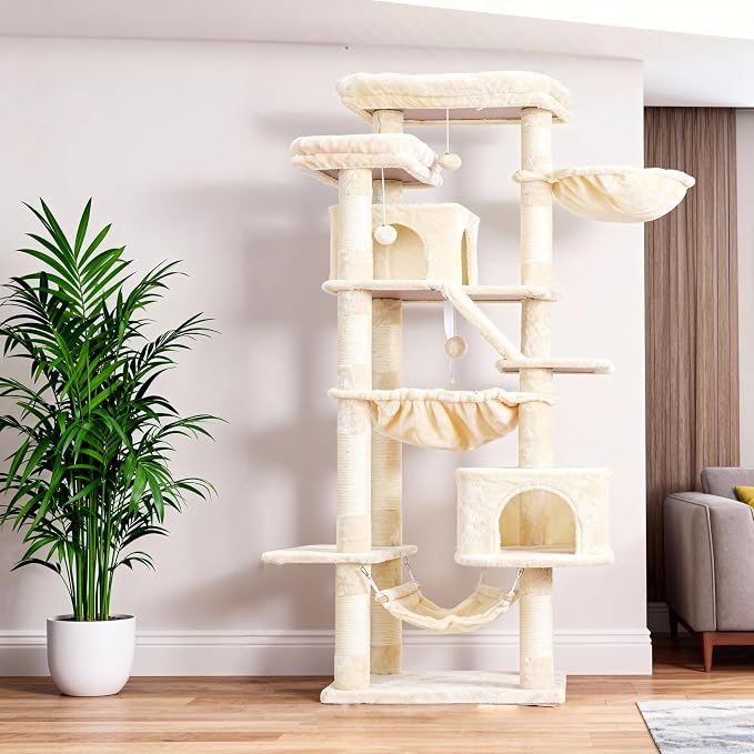 Heybly Cat Tree, 71-Inch-Tall Tower for Indoor Cats with 2 Perches HCT034M | Large Cat Furniture with 2 Big Condos, 2 Hammocks, Basket, Scratching Pad, Multi-Level Cat Condo, Beige