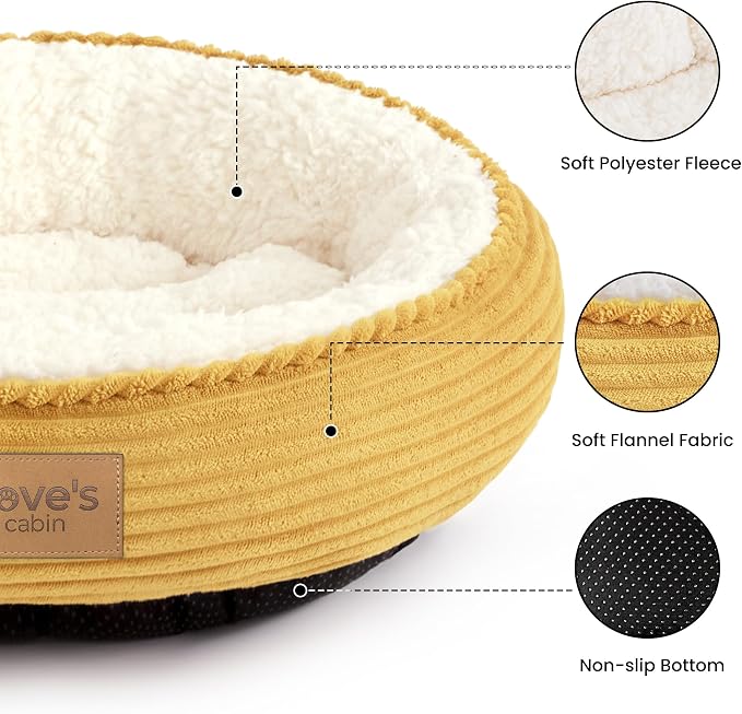 Love's cabin Round Donut Cat and Dog Cushion Bed, 20in Pet Bed for Cats or Small Dogs, Anti-Slip & Water-Resistant Bottom, Super Soft Durable Fabric Pet beds, Washable Luxury Bed Yellow Stripe