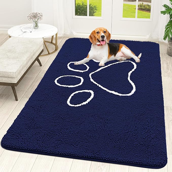 OLANLY Dog Door Mat for Muddy Paws 59x35, Paw Print Design Chenille Mud Mat | Navy Blue, Absorbent, Traps Moisture and Dirt, Non-Slip Washable Doormat, Quick-Drying Indoor Entryway Floor Carpet for Dogs