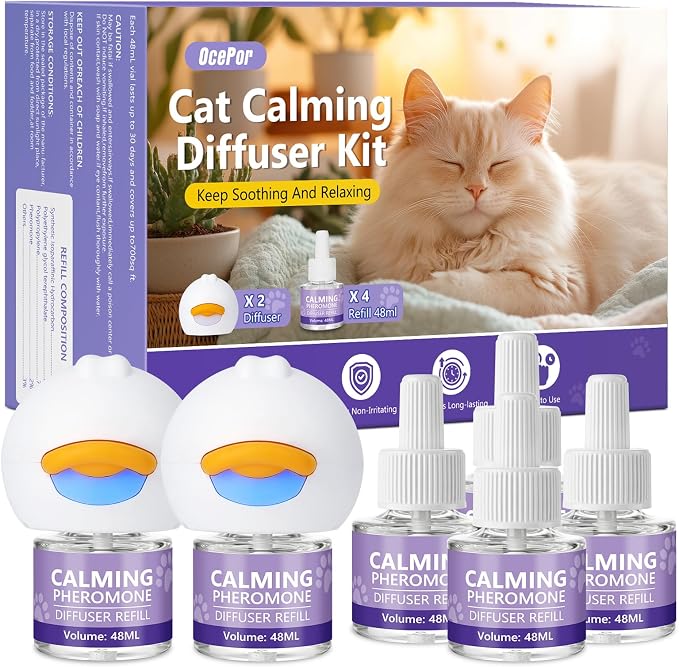 OcePor Cat Calming Diffuser,120-Day Pheromone Diffuser 4 Refills & 2 Plugs | Cat Pheromones Calming Diffuser Refill Kit for Pee Spraying, Aggression, Meowing & Scratching, Relieve Anxiety Stress