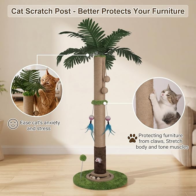 Cat Scratching Post, 35 Inch Tall Sisal Rope Cat Scratcher Tree, Scratching Posts for Indoor Cats Adults with Interactive Cat Toy, Mouse Hole & Ball Track for Kittens Adults Cats