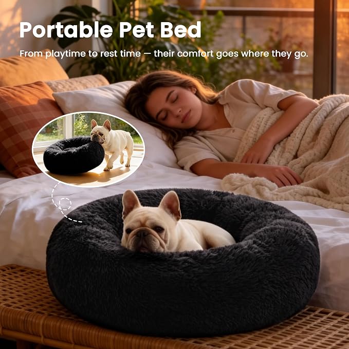 Love's cabin Calming Cat Bed for Indoor Cats, Anti-Anxiety Donut Round Dog Bed,Fluffy Faux Fur Washable Pet Bed for Small Medium Dogs and Cats, Black, 20in