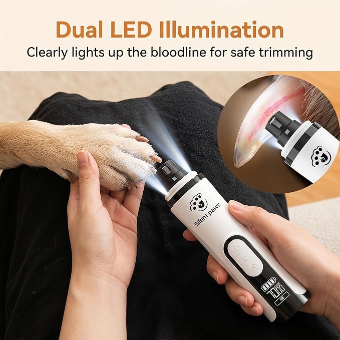 silent paws Quiet Pet Nail Grinder with LCD& Light | Quiet Dog Nail Grinder Suits Sensitive Pets. 3 Speeds Nail Trimmers for Small to Large Dogs ,Cats and Other Animals.