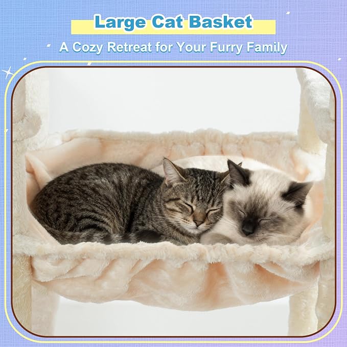 Hey-brother Cat Tree Tower with Extra Large Platform and Basket, MPJ080M | 71.7 Inches Scratching Posts with Specious Condo, 2 Cozy Hammocks, Scratch Board for Indoor Adult Cats, Maine Coon Beige