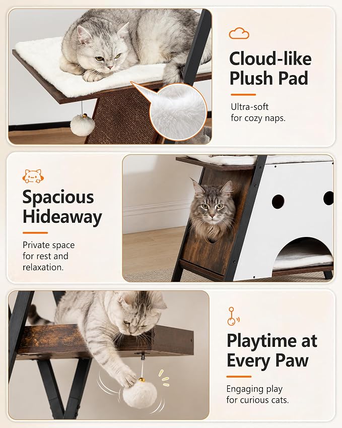 Modern Wood Cat Tree Tower for Indoor Cats Large Adult 67-in Tall | Heavy Duty XL Stable Wooden Cat Condo House Furniture with Multi-Level Spacious Perch Scratching Board Soft Washable Pads