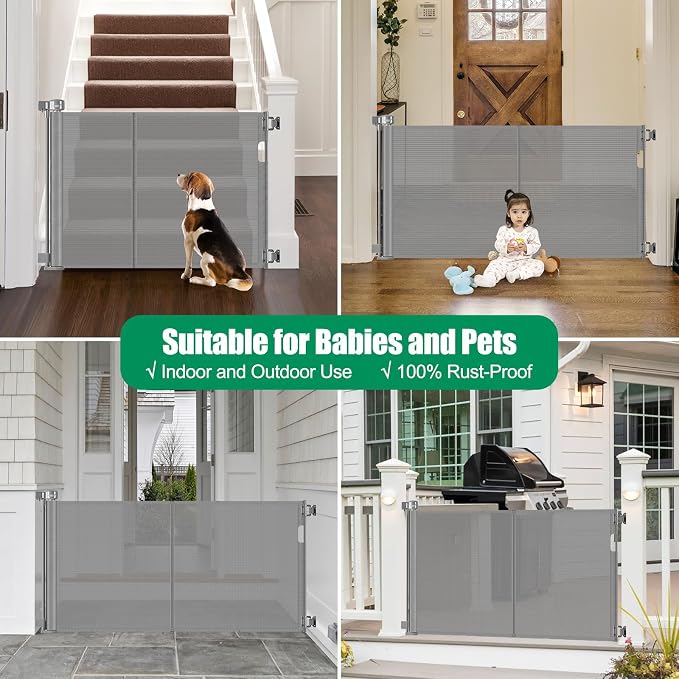 Reinforced 50" Wide Retractable Dog Gate for Stairs, Retractable Baby Gates with Support Rods - Bottom Anti-Escape, Indoor Long Baby Gate Outdoor Gates for Decks, Child Gates for Doorways/Patios, Gray